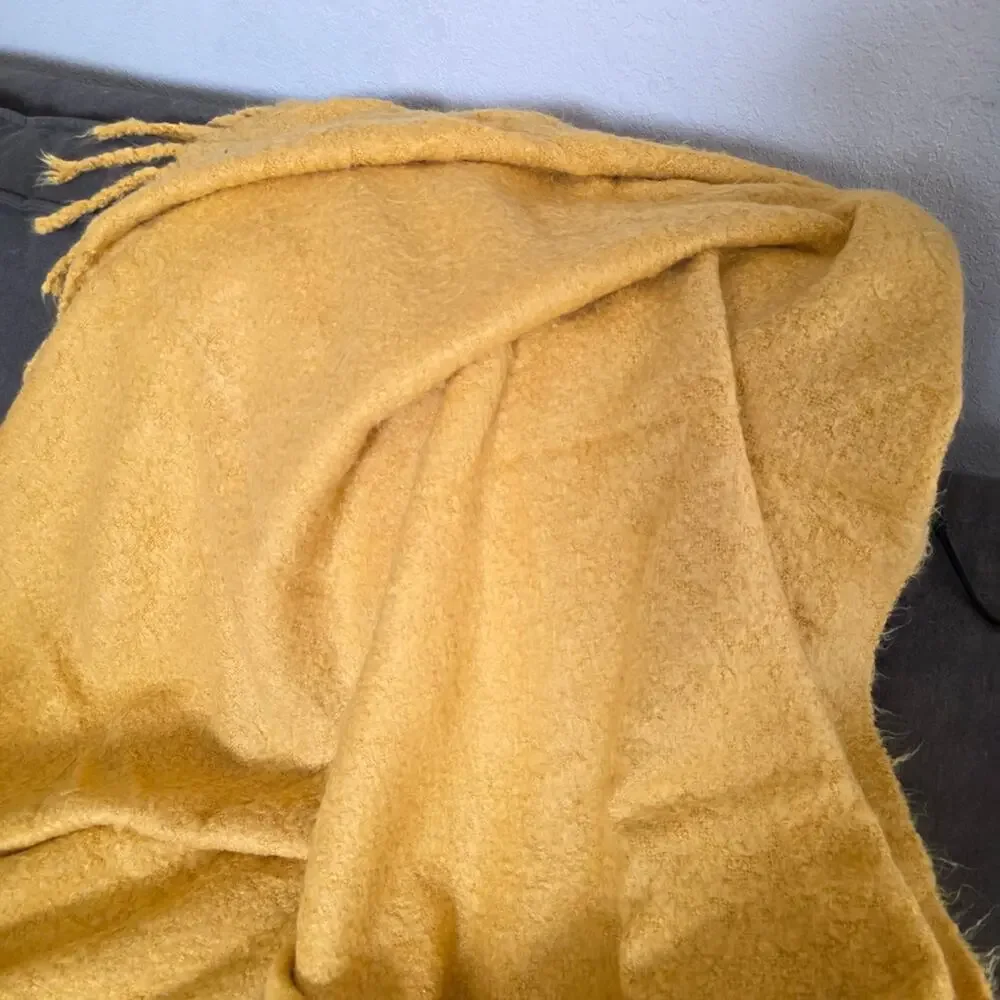 Pottery Barn Cozy Mustard Yellow Fringe Throw Blanket 50